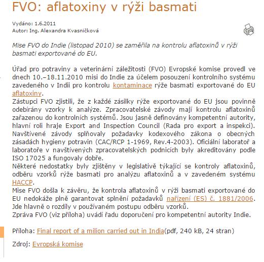 Problémy s rýží basmati Úřad pro potraviny a veterinární záležitosti Evropské komise (FVO) -Kontroluje se každá zásilka