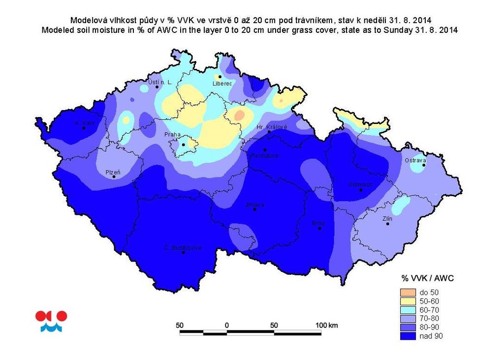 G. Vyhodnocení stavu sucha Četnější srážky v průběhu minulého týdne způsobily vzestup zásob vláhy v povrchových půdních vrstvách, dobrá a dostatečná zásoba vody převládá na celém území ČR.