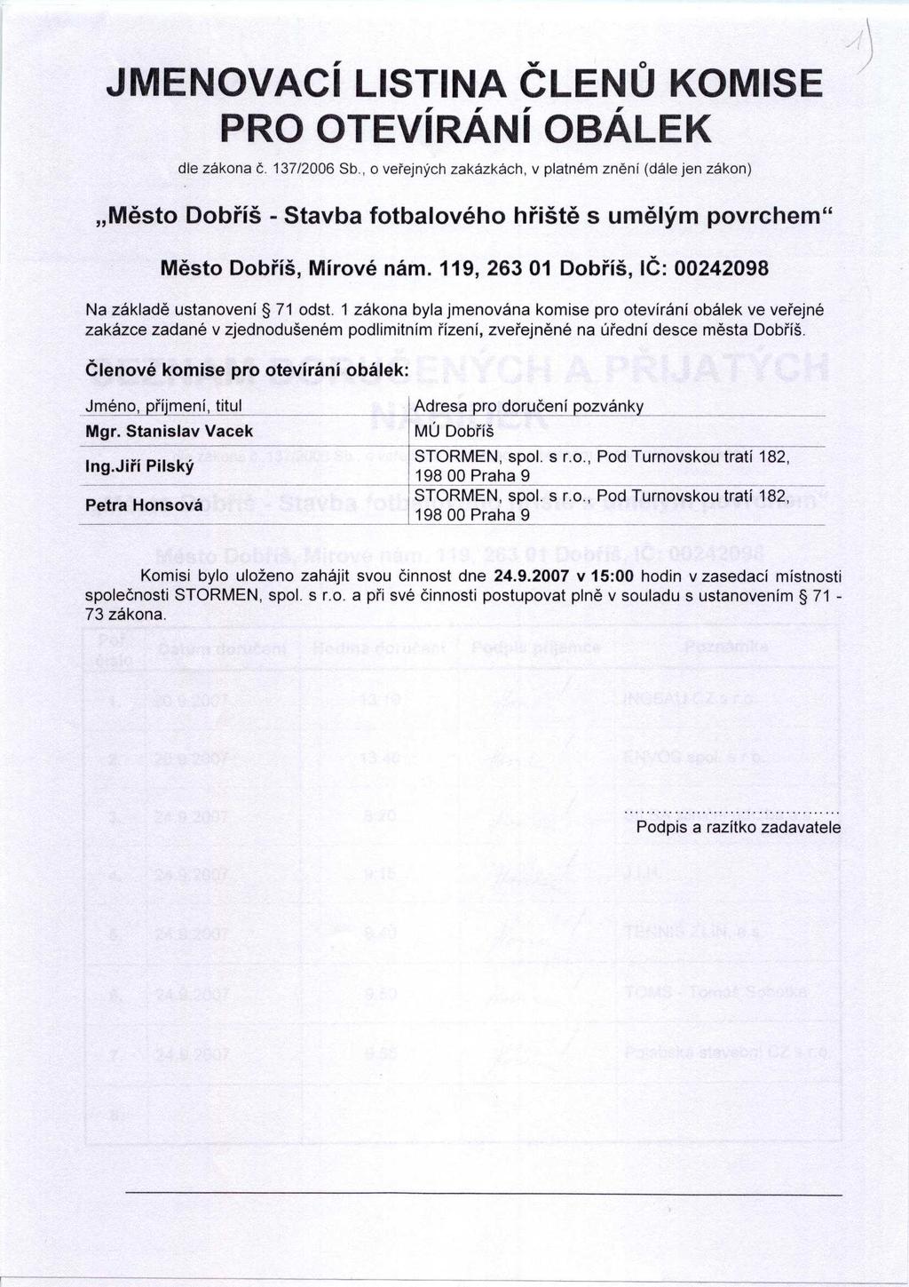 JMENOVACÍ LISTINA Č LEN Ů KOMISE PRO OTEVÍRÁNÍ OBÁLEK dle zákona č. 137/2006 Sb.