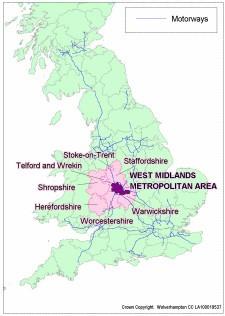 Metropolitní oblast West Midlands 2,6 mil.