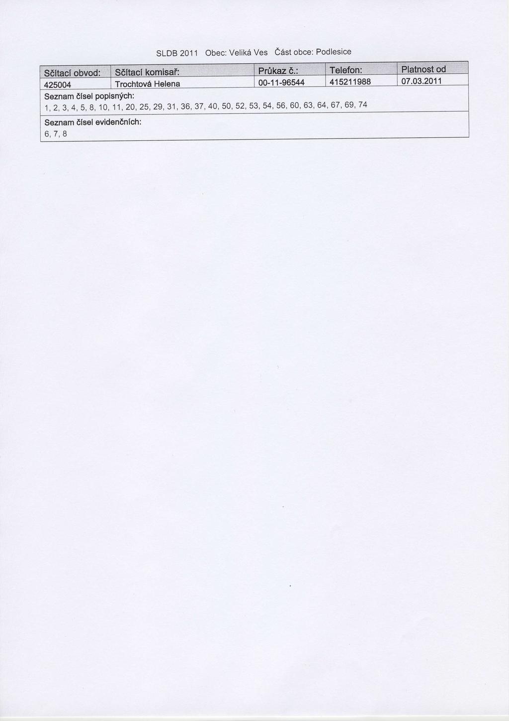 SLDB 20'11 Obec:Velik6 Ves Cest obce: Podlesice Seznam 6tsel popisnfch: 1,2,3,4,5, B, 10,