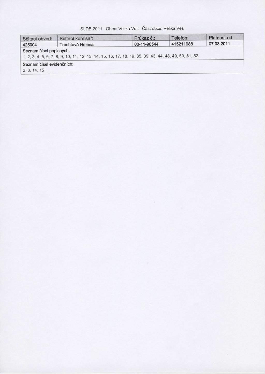 SLDB 2011 Obec: Velik6 Ves east obce: Velik6 Ves Seznam 6lsel popisnfch: 1,2,3,4,5,6,7,8,9,