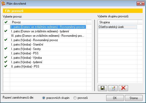 V levé horní části okna se nachází výběr provozu a pracovních skupin. Pomocí tlačitka Jiné můžete zvolit několik různých provozů, případně si je uložit pod názvem Skupiny. Pomocí skupiny lze např.