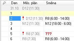 Pokud jsou místo názvu směny vypsány červené otazníky???, pak jsou v daný den získány chybné záznamy ze čtečky. Můžete záznamy opravit a znovu zpracovat nebo do daného dne přímo vložit nějakou směnu.