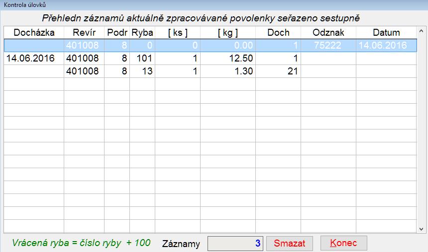 Kontrola zapsaných záznamů Tlačítkem Záznamy se načte seznam pořízených záznamů přiřazených zpracovávané povolence.