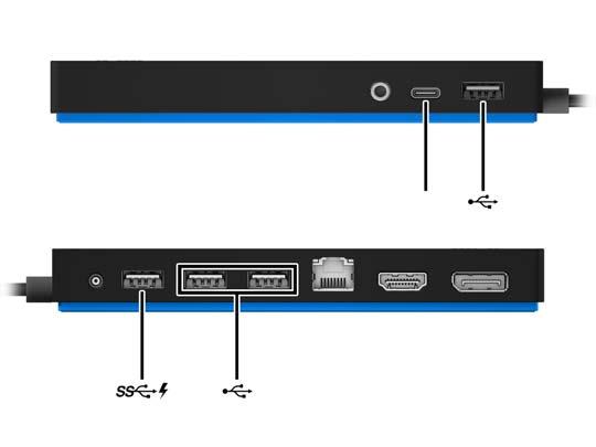 Připojení zařízení USB Dokovací stanice obsahuje pět portů USB: jeden port USB 3.0 a dva porty USB 2.0 na zadním panelu a jeden USB Type-C a jeden port USB 2.0 na předním panelu.
