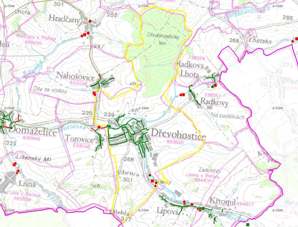 E. KANALIZACE A ČOV Mapa E1: Kanalizace - rozvody v obci Trasování sítí, lokalizace ČOV, čerpací stanice (ČS), výústě Obec: Dřevohostice Legenda: Kanalizace: Ochranné pásmo: Vyústění: do 2015 po 2015