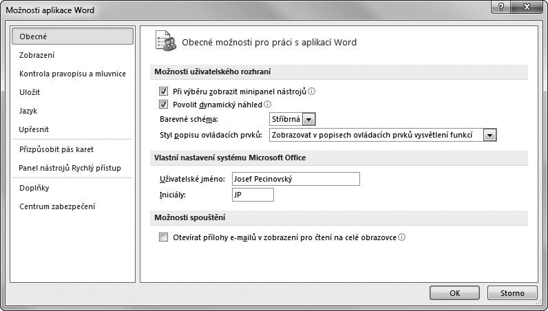 WORD 2010 17 Obrázek 1.2: Dialogové okno Možnosti aplikace Word Seznamujeme se Doporučená nastavení V této chvíli, ještě než se dáme do vlastní práce, doporučujeme změnit určitá výchozí nastavení.