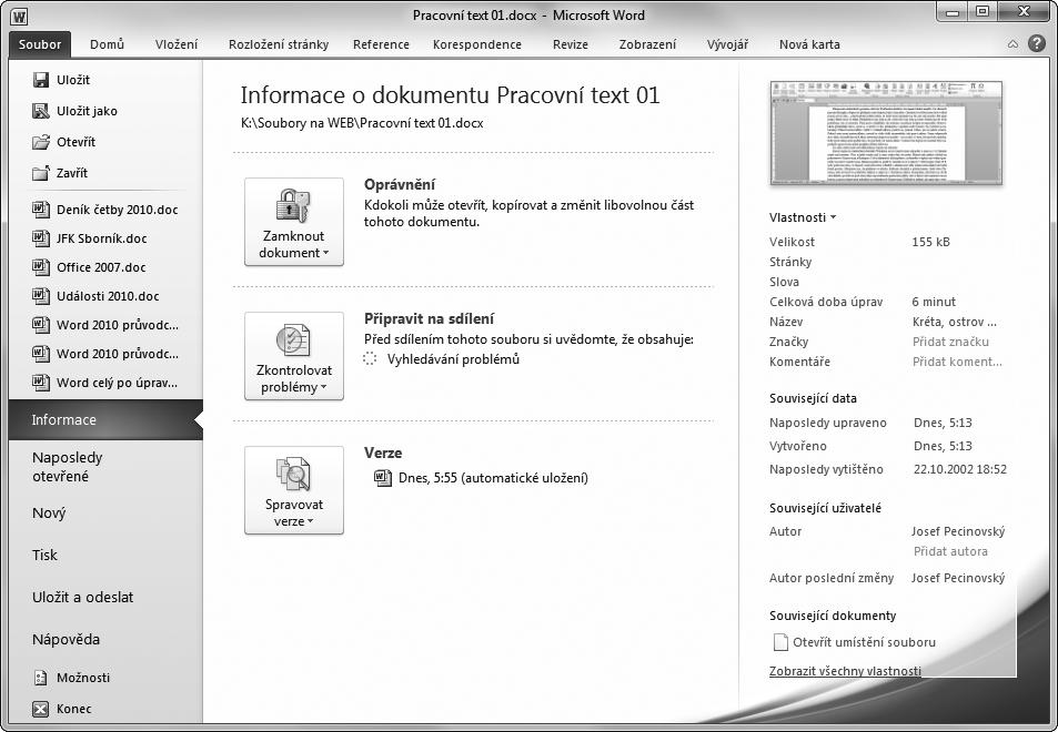 WORD 2010 21 Kromě uvedených karet, které se zobrazují vždy, vám Word podle potřeby nabídne ještě další karty, které si zhruba popíšeme, až na ně přijde řada.
