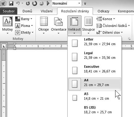 WORD 2010 43 Stisknete-li tlačítko Velikost, dostanete seznam dostupných formátů jako na obrázku 2.8.