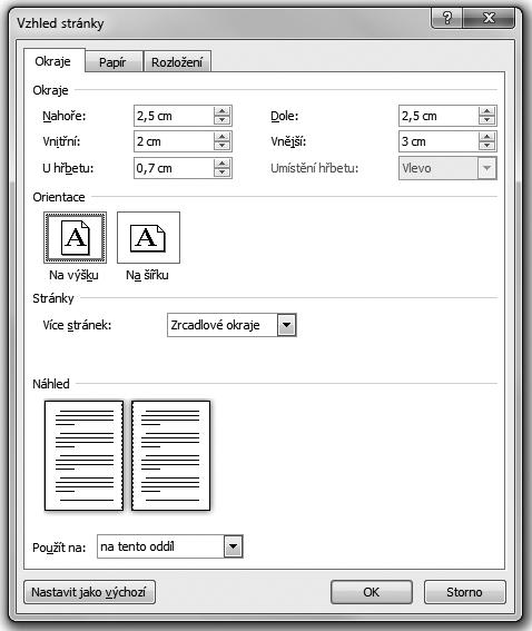 WORD 2010 45 Rozevírací seznam Více stránek umožňuje zvolit i nastavení Brožura. Znamená to, že volíte oboustranný tisk podle předem určeného počtu stránek tak, aby vznikl tenký svazek.