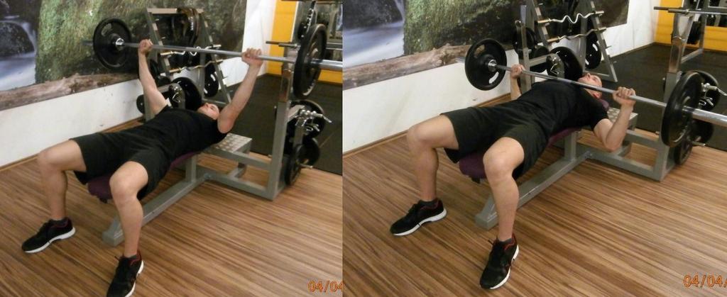 Bench press Obrázek 1 Bench press Výchozí polohou tohoto cviku je leh na lavičce. Tělo by mělo mít pět opěrných bodů.