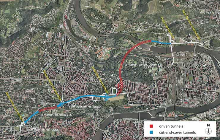 Ražení tunely / Mined tunnels Hloubené tunely Cut-and-cover tunnels Obr. 2 Městský okruh v úseku Malovanka Pelc-Tyrolka, tunelový komplex Blanka Fig.