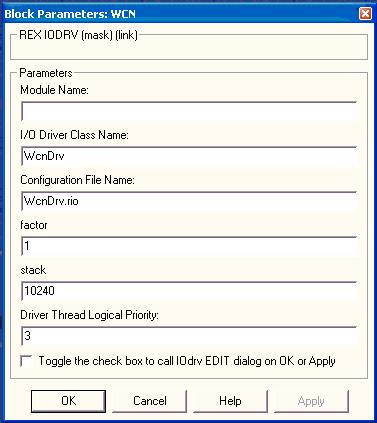 V druhém bloku WCN typu IODRV, připojeném na výstup Drivers exekutivy stačí zadat následující parametry: classname jméno třídy ovladače, které se pro tento ovladač zadává WcnDrv.