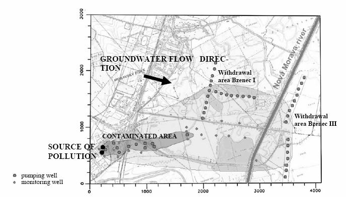 L. Gvoždík, J. Valentová Fig. 1. Plan of modelled territory Bzenec withdrawal area. Obr. 1. Situace modelovaného území jímací území Bzenec.