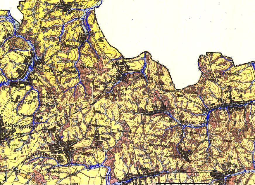 S 0 1km KVARTÉR holocén: 1. antropogenní uloženiny; 2.organické sedimenty; 3. fluviální hlinito-písčité sed. nižšího nivního stupně; 4. fluviální hlinito-písčité sed. vyššího nivního stupně; 5.
