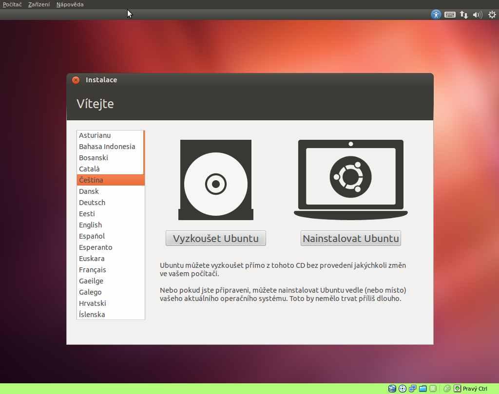 Počátek instalace Spustí se live CD Ubuntu 12.04.