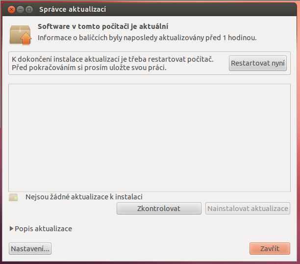 Dokončená instalace aktualizací, je vyžadován restart. Po přihlášení vše vypadá už česky.