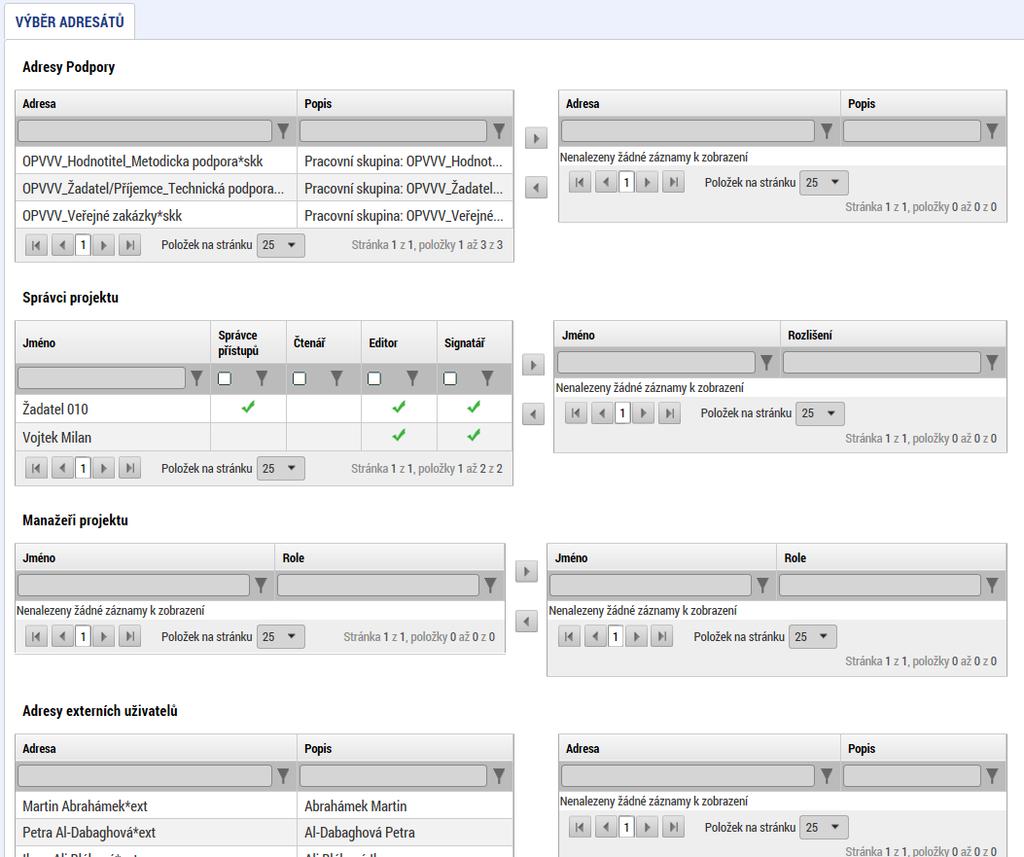 Lze vybrat adresu podpory, správce projektu, manažera projektu, nebo