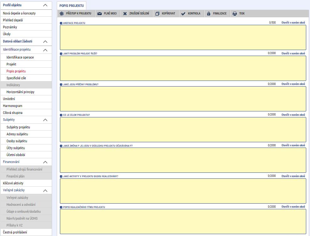 Údaje v poli Anotace projektu se načítají automaticky ze záložky Projekt. Ostatní pole uživatel vyplní dle požadovaných otázek.