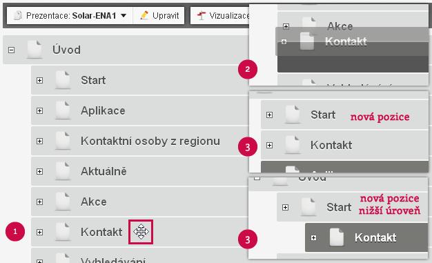 úrovni, tak úrovni vyšší, či nižší. Lze tedy snadno vytvořit ze stránky podstránku, viz obr. 8. Obr. 8 - Přesouvání stránek pomocí metody drag and drop 2.