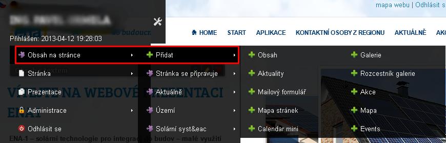 Obr. 22 - Přidávání modulů 3.4.1 Obsah Modul Obsah nám supluje příkaz Přidat obsah na stránku, který je vždy na konci každé stránky.