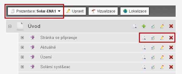 Na obrázku 4 pozorujeme dvě zvýrazněná místa. První, v levém rohu v nástrojové lišty, lze vybírat mezi více prezentacemi (např. jazykové mutace webové stránky).