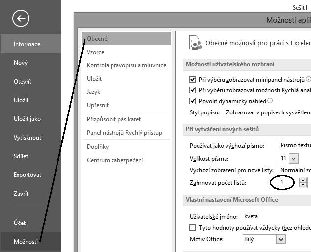 Kapitola 2 Práce se sešity 1. Na pásu karet klepneme na kartu Soubor. 2. Vlevo klepneme na kartu Možnosti a otevřeme dialogové okno Možnosti aplikace Excel. 3.