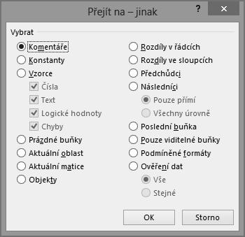 11) zapíšeme do pole Odkaz příslušný odkaz na buňku, oblast nebo definovaný název oblasti. Obrázek 3.11 Dialog Přejít na Přejít na jinak Zobrazí další možnosti výběru buněk pro přesun.