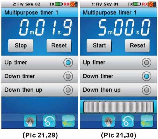 19.21 Timers (Časovače) Tato funkce je používaná pro kontrolu času a snižuje riziko pádu letadla. Máte na výběr ze 3 možností časování. Výběrem Timers nastavíte funkce časovačů.