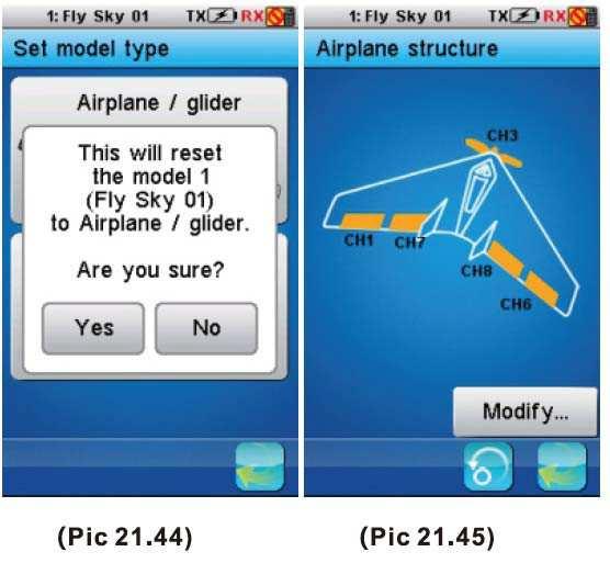 Setting mode type Všechny nastavení modelů musí být obnoveny na výchozí typ letadlo nebo větroň, poté vstoupíte structuring setting.