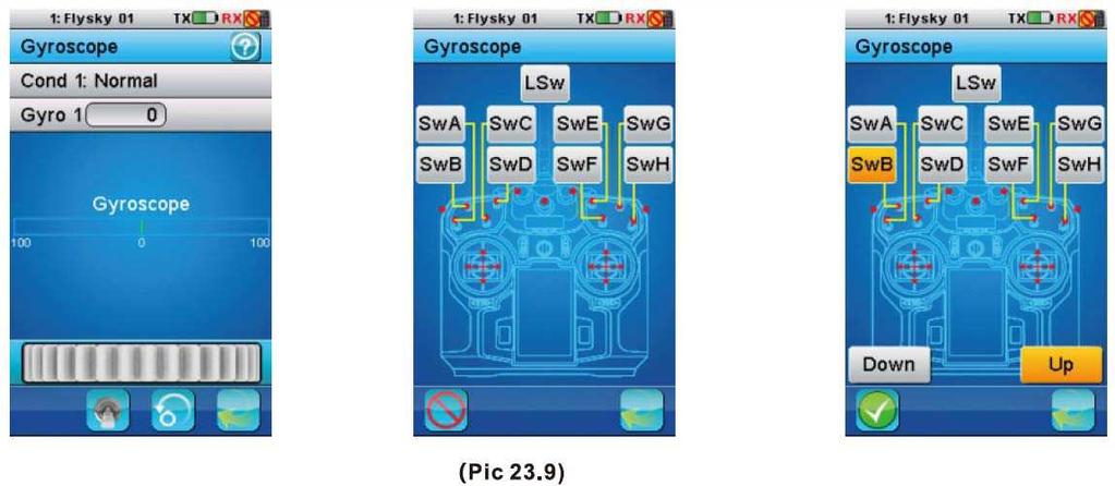 21.9 Gyroscope Funkce je používána pro nastavení citlivosti gyra v aktuální podmínce. Vysoká citlivost, čím více korekce gyro poskytuje a měkčí a méně citlivý vrtulník pociťujete.