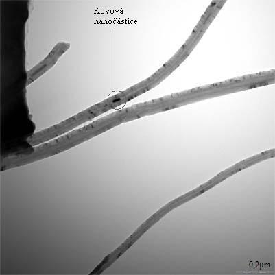 Obrázek 27. Foto MWCNT s kovovými částicemi v dutině pomocí TEM (Foto Inoue Yoku, Shizuoka University).