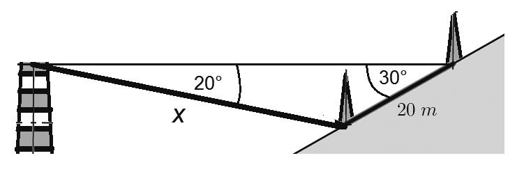 6 Určete vzdálenost x vrcholu komína od paty níže stojícího stožáru. (Výsledek vyjádřený v metrech zaokrouhlete na celé decimetry.