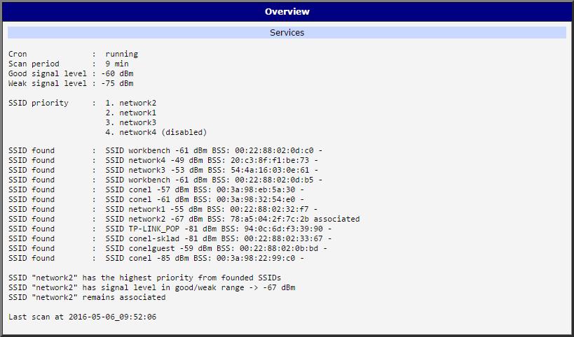 3. STATUS 3. Status V této kapitole jsou popsány stránky Overview s přehledem o uživatelském modulu a Syslog s výpisem systémového logu. 3.1 Přehled (Overview) a přepínání Pro přehled o stavu přepínání mezi SSID přejděte na stránku Overview (úvodní stránka uživatelského modulu).