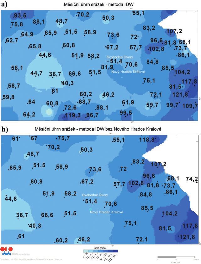 Obr. 1 Měsíční úhrny srážek v červenci 2003 a jejich interpolace pomocí metody IDW se stanicemi Svobodné Dvory a Nový Hradec Králové (a). Pouze se stanicí Svobodné Dvory (b). Fig. 1. Monthly precipitation in July 2003 and their interpolation with IDW with stations Svobodné Dvory and Nový Hradec Králové (a).