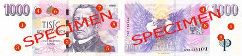 Obrázek 1: Zobrazené ochranné prvky bankovek na 1000 Kč, které se vyskytují také na nominální hodnotě 2000 Kč, 5000 Kč a 500 Kč 1. Vodoznak, 2. Okénkový proužek, 3. Ochranná barevná vlákna, 4.