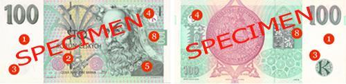 html Obrázek 2: Zobrazené ochranné prvky bankovek na 100 Kč, které se vyskytují také na nominální hodnotě 200 Kč 1. Vodoznak, 2. Okénkový proužek s mikrotextem, 3 ochranná barevná vlákna, 4.