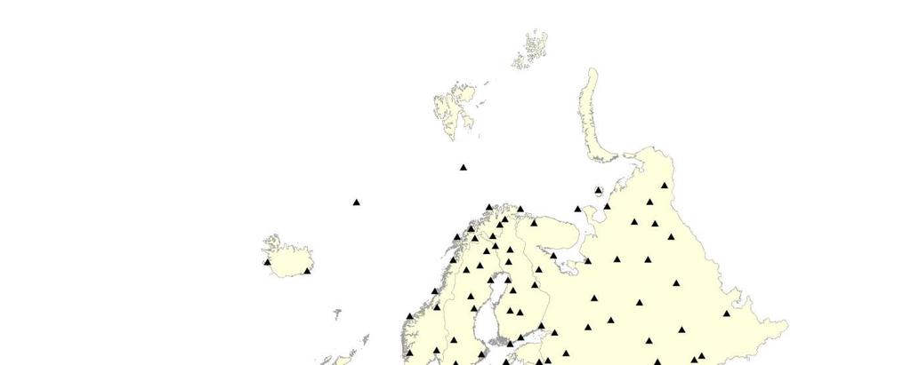 Obr. 15: Mapa zobrazující státy Evropy a rozmístění všech 148 stanic, které byly