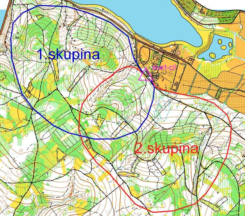 Obr. 28: Vymezené oblasti pro stavbu tratí jednotlivých skupin (mapa: Olšovec) Úkolem každé skupiny bylo postavit zajímavou trať přiměřené obtížnosti (pro 2.