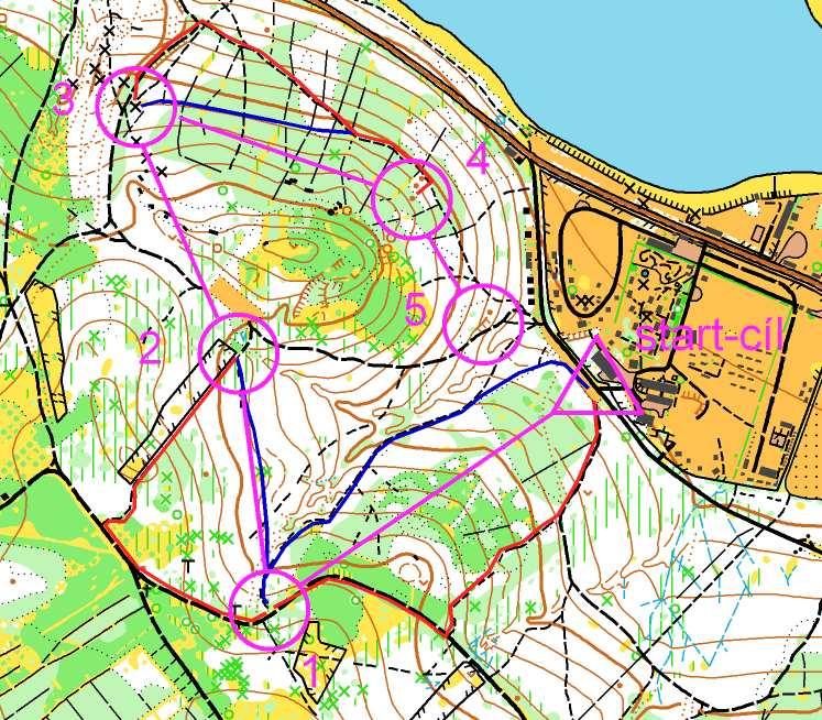 Rozbor postavených tratí: Obr. 29: Dobře postavená trať s návrhy postupů (mapa: Olšovec) Obrázek 29 ukazuje dobře postavenou trať, která je dlouhá 1,8 km. Barevně jsou rozlišeny možné volby postupů.