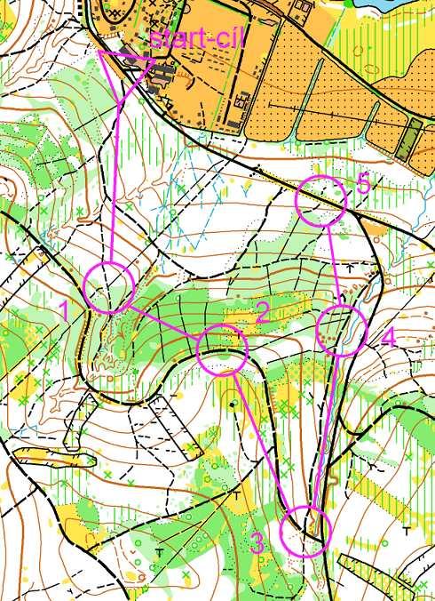 Obr. 30: Špatně postavená trať (mapa: Olšovec) Trať na obrázku 30 měří 2 km, takže délkové parametry splňuje, jinak ale obsahuje spoustu chyb.