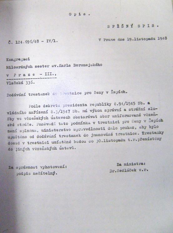 obr. 3: Spis ministerstva vnitra zrušení věznice v Řepích na základě nesplnění podmínek pro provoz vězeňského zařízení, konkrétně nutnosti
