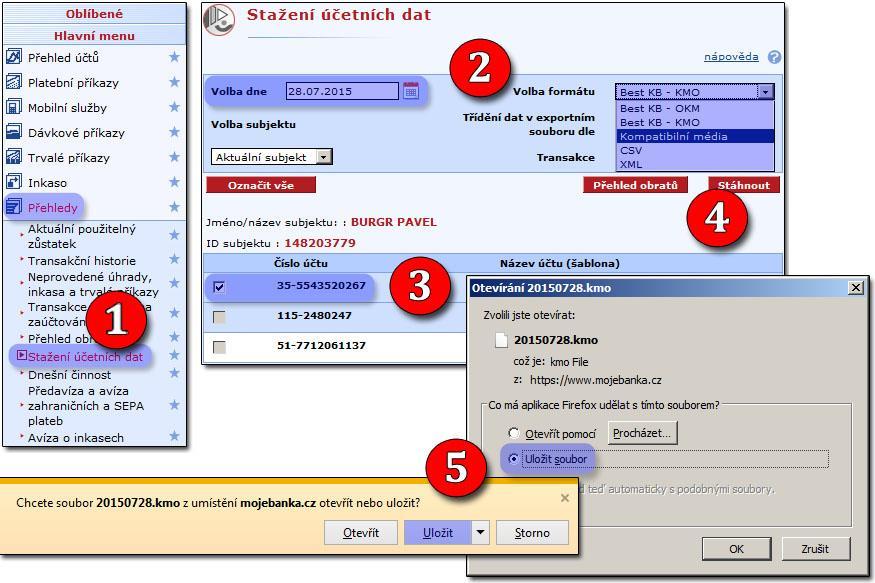 STAŽENÍ VÝPISU PRO ÚČETNÍ PROGRAM 1. v levém menu zvolíme Přehledy / Stažení účetních dat 2. vybereme den a formát (při volbě Kompatibilní média dříve ABO má soubor koncovku GPC) 3. zaškrtneme účet 4.