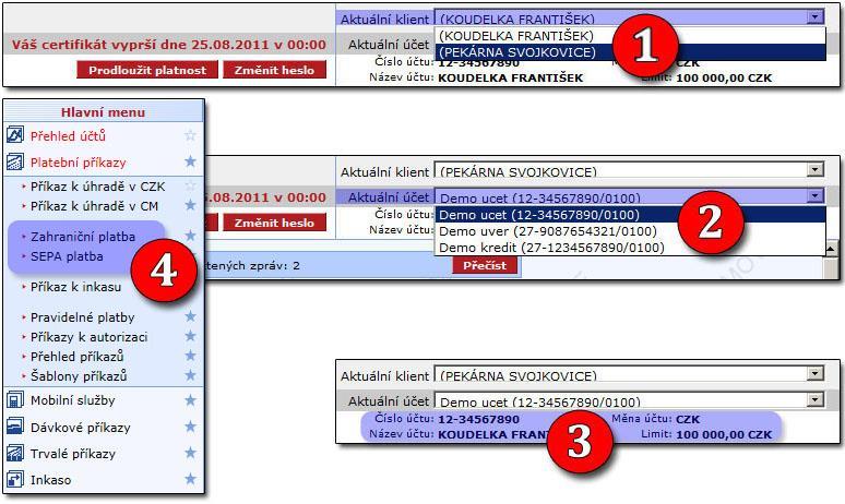 ZADÁNÍ ZAHRANIČNÍ A SEPA PLATBA V APLIKACI MOJEBANKA BUSINESS VYPLNĚNÍ FORMULÁŘE 1. v pravém horním rohu v kolonce Aktuální klient vybereme subjekt (máme-li jich v obsluze vice) 2.