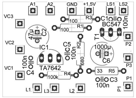 Začněte s odpory R1 (100 Ω, hnědý, černý, hnědý), R2 (680 Ω, modrý, šedý, hnědý), R3 (100 Ω, hnědý, černý, hnědý), R4 (100 kω, hnědý, černý, žlutý) a R5 (33 Ω, oranžový, oranžový, černý).