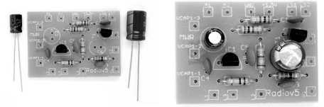 Montáž elektrolytických kondenzátorů hotová osazená deska Jako další přiletujte na desku otočný kondenzátor.