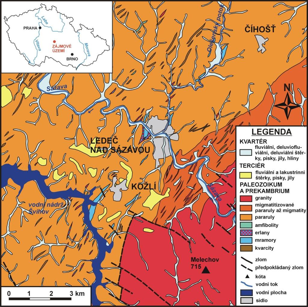 2 GEOLOGICKÉ POMĚRY Okolí Ledče nad Sázavou budují převážně horniny pestré skupiny moldanubika, zejména sillimanit-biotitické pararuly, mramory, erlany, kvarcity a hercynské granitoidy melechovského