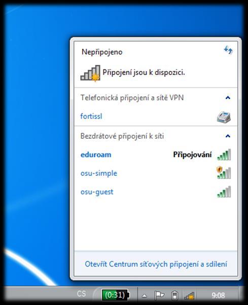 3. FINÁLNÍ PŘIHLÁŠENÍ K SÍTI EDUROAM Pro Windows 7 V seznamu sítí (obr. 13) vyberte kliknutím síť eduroam.