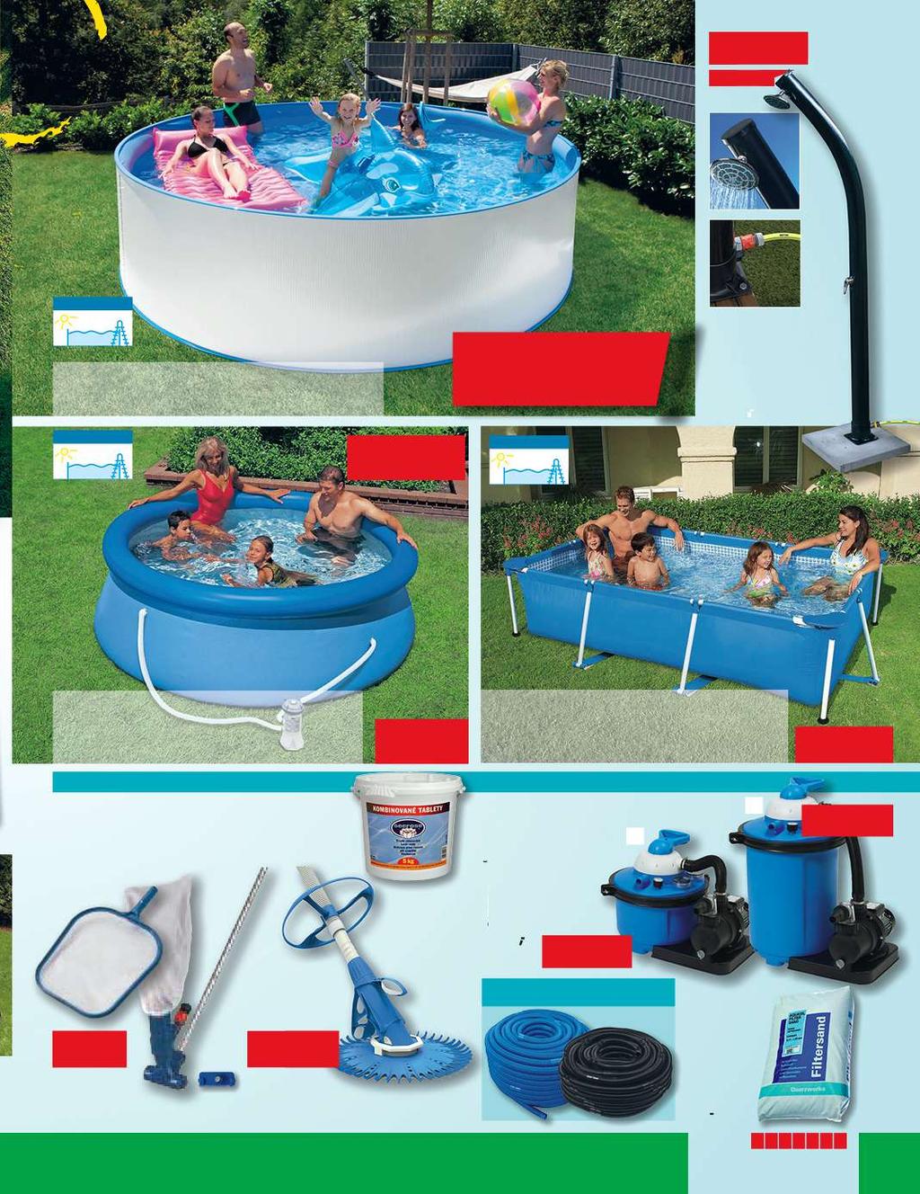 s otočnou wellness sprchovou hlavicí výška 2,2 m NADZEMNÍ BAZÉN Bazénový set New Splasher 350 x 90 cm, objem vy při naplnění (90 %) 7,8 m 3, plastový lem a plastové vicí lišty na dno, závěsná